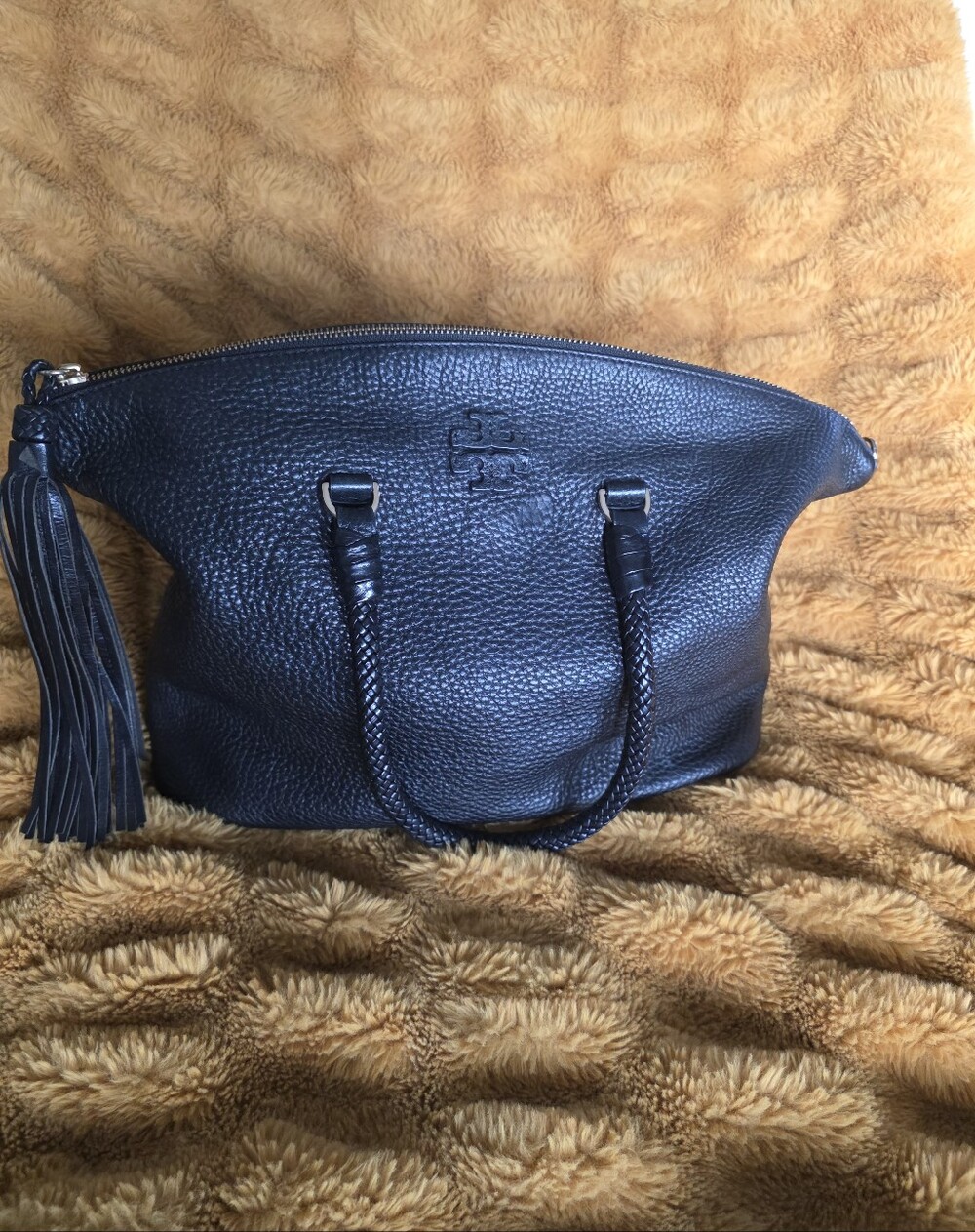 Tory Burch Black Pebbled Leather Tote Satchel Braided Handles